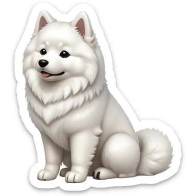 cinematic-[samoyed]-realistic-full-body-sitting-emoji,-tail-resting-loosely-beside-its-paws,-head-tilted-dramatically, -fluffy-[white]-fur,-simplified-yet-realistic-focused-features,-highly-detailed,-glowing-with-an-almost-sarcastic-glow sticker