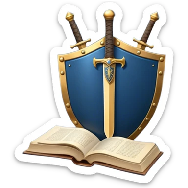 Description: shield with open book in front of it, a sword behind the shield
Color palette: Deep blue background, gold/bronze metallic details 
 sticker