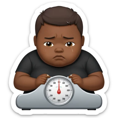 sad fat young boy in black t shirt on weight scale crying because sadness sticker