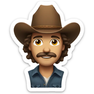 Man with long wavy brown hair, brown eyes, moustache and Cowboy hat sticker