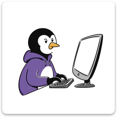 A hand-drawn penguin wearing a purple hoodie typing enthusiastically on a computer keyboard sticker