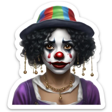Hyper realism realistic Sad clown girl with clown face paint wearing cap n bells cockcomb jester hat with bells and with long straight black hair exaggerated expression on her face  sticker