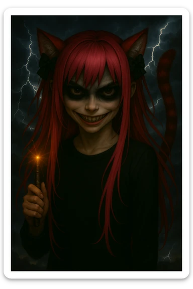 Edit the image to add a dark, stormy background with lightning and dramatic clouds. Keep the scary expression, emo style, pink hair, magical accessory, and sparkles. Render in a realistic anime style with detailed lighting and atmosphere. sticker