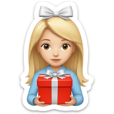 сгенерируй светловолосую девушку, держащую светло-коричневую подарочную коробку с бантиком sticker