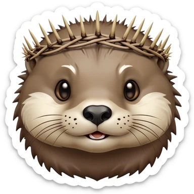 really cute confused otter face with simple thorny stem wrapped horizontally around its forehead like Jesus Christ's Crown of thorns, no crown shape on top, just thin spiky branches circling the forehead sticker