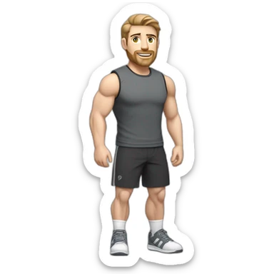 Full height Pale skinned muscular man With Realistic eyes and mouth, light brown hair and stubble In dark gray sleeveless mike, black oversize sports shorts, watch and white sneakers. sticker