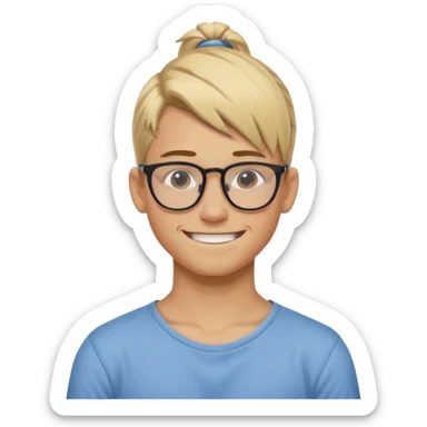 blond hair teen boy pony tail undercut with tattoo on his neck, wearing glasses, strong built, smile warmly  sticker