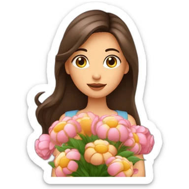Fille brune aux cheveux longs, avec des yeux marrons foncés, avec un bouquet de fleurs dans les mains sticker