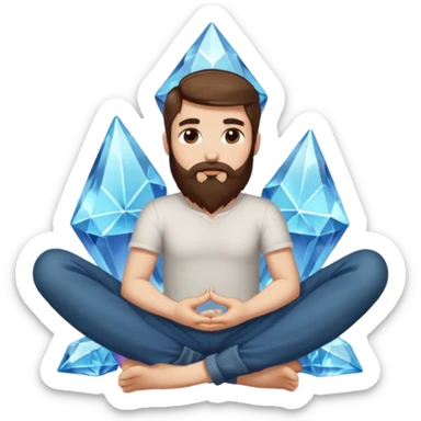 full body man long brown hair brown eyes medium beard white skin sitting cross-legged growing crystals from ground sticker