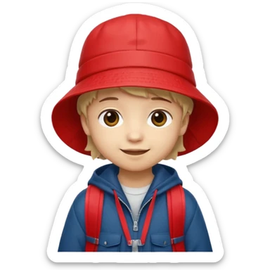 Little student wears red bucket hat and jacket, backpack, shy sticker
