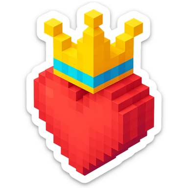 heart with a crown, voxel style, simple, blocky, colorful sticker