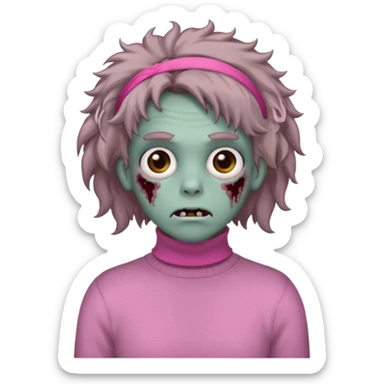 brown fluffy haired grey zombie with pink turtleneck sweater and hair band sticker
