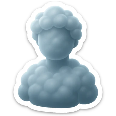 person made entirely of white fluffy convex clouds with slight transparency, shoulder up, front view, matte glass style, no background sticker