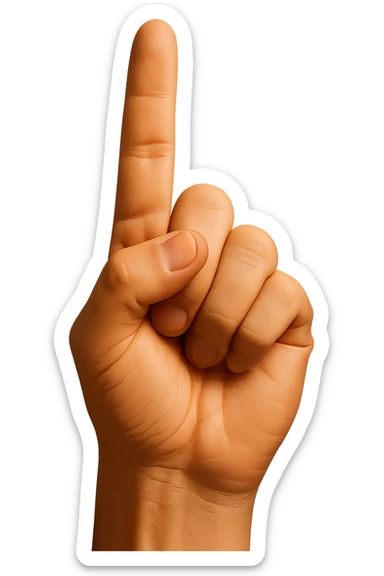Edit the image to show only one hand, pointing upwards with the pointer finger extended. The hand should have a realistic skin color and look like a detailed plastic figurine's hand. The image should be extremely high quality and detailed with no background. sticker