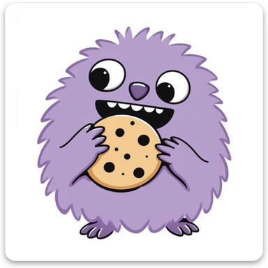 a round, extra cute purple fluffy monster eating a cookie, hand drawn doodle style sticker