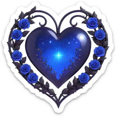 gothic heart made of midnight blue glass with silver crescent moon, tiny black roses, shimmering stardust, misty night sky background, holographic shimmer, glowing blue aura sticker