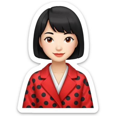 girl with black bob-cut hair, black and red dotted coat, Chinese appearance, smiling, masseuse look sticker