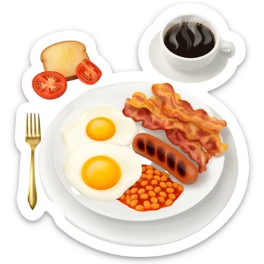 English breakfast full English breakfast with two eggs, bacon, sausage, beans, toast, and tomato оn a beautiful white plate with a gold fork and cup of coffee sticker