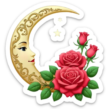 crescent damask moon with roses sticker