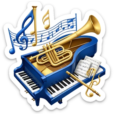 Create an elegant and refined emoji that represents orchestration and arrangement. The design should feature a musical score or sheet music with various orchestral instruments like a violin, a trumpet, and a grand piano subtly integrated into the composition. Add a conductor's baton, symbolizing the guiding hand of orchestration, and flowing musical notes that move between the instruments. Use rich, classic colors like gold, silver, and deep blue to evoke the sophistication of orchestral music. The background should be transparent, with a touch of intricate details to represent the complexity of orchestration. sticker