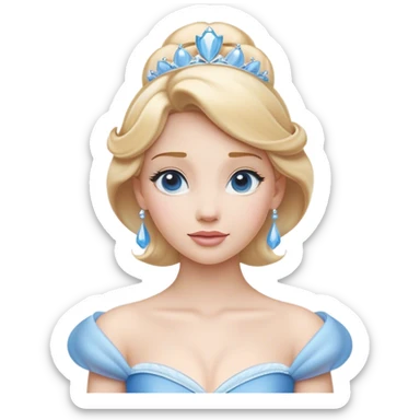 Cinematic Elegant Cinderella Portrait Emoji, rendered in a cinematic, vector-style with minimal shading and bold, simplified shapes. Depict Cinderella in her classic ball gown (chest and above) with fair, porcelain skin and elegantly styled blonde hair, her eyes soft and kind, and her expression serene and graceful. The design glows with a gentle, enchanting radiance and high shine, capturing the timeless beauty of a fairy tale princess. sticker