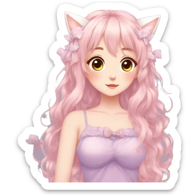 Gorgeous pastel anime girl with blushing face and hair garnitures and pretty hair and cat ears aesthetic trending style sticker