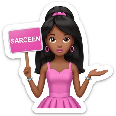 Black barbie, long black  hair, pink dress holding sign, that says "tap screen" sticker
