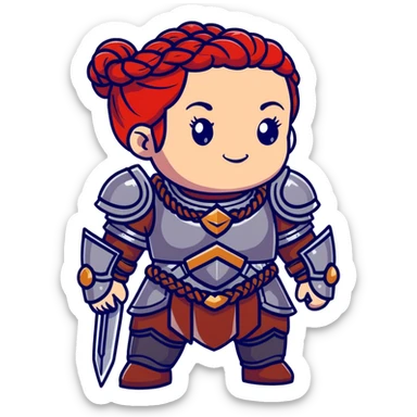 female dwarf from Lineage 2 with braided red hair, stocky build, wearing fantasy armor and jewelry sticker