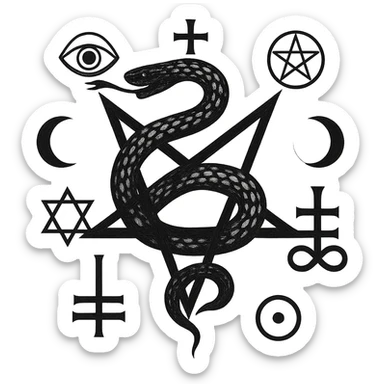 Add more occult symbols to Lucifer's emblem, featuring a serpent coiled around a star, mysterious and powerful. The emblem should have a transparent background. sticker