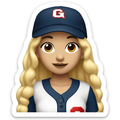 Black long hair girl wearing navy ballcap emblazoned with a red G initial and wearing baseball uniform sticker
