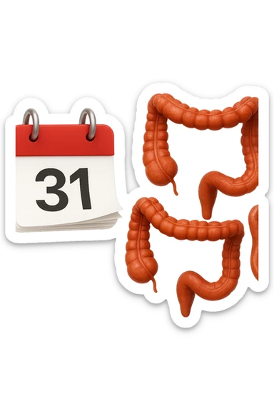emoji stile iphone di un calendario con fogli che volano insieme a pezzi anatomici di colon umano, iperrealistico 4k, isolato su sfondo bianco sticker