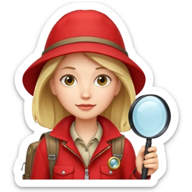 Explorer woman with red jacket backpack and magnifying glass sticker