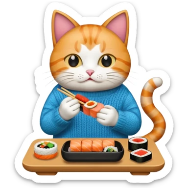 cat wearing a sweater playing video games eating sushi sticker