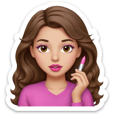 girl with long wavy brown hair, brown eyes, light to medium complexion, in a pink shirt, pink lips, long lashes, puckering lips kissing, winking with one eye sticker