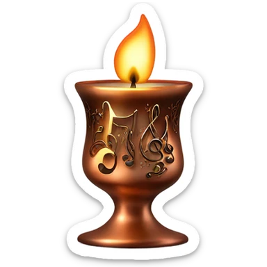 A lit Copper colored glass candle with music notes raising from the smoke sticker