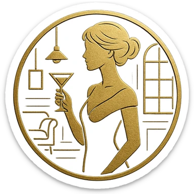 high-end circular logo with a golden silhouette of a woman holding a martini glass, set against a black background with stylish interior elements. Vector-style, clean lines, embossed metallic effect sticker