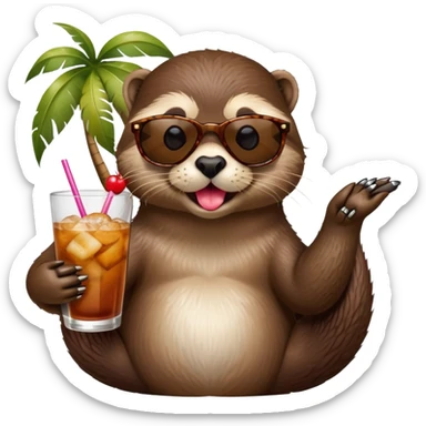 Otter with sunglasses drinking a cocktail from a coconut, showing middle finger and sticking out it’s tongue sticker