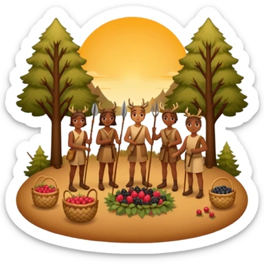 A simple, flat-style illustration of a small group of people with spears and baskets, gathering berries and hunting a deer, surrounded by trees and a sunset—emoji aesthetic, warm earth tones. sticker