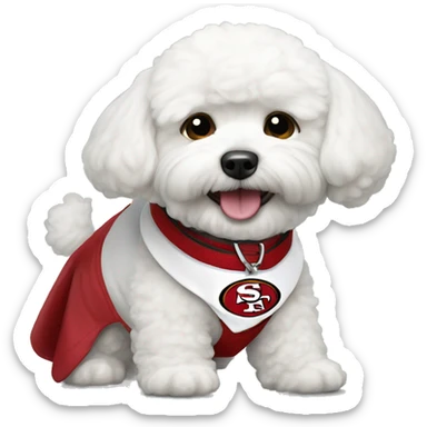 bichon dog with 49ers collar sticker