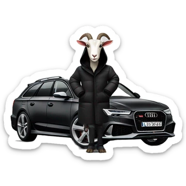 Goat in puffy black coat driving Audi RS6 sticker