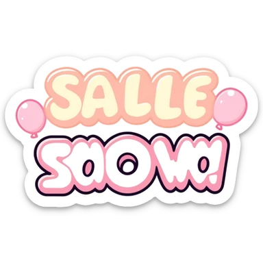kawaii hand-drawn typography saying 'Sale Now!' with pastel pink and cream gradient bubble lettering, soft white outline, cute sparkles around the text, transparent background sticker