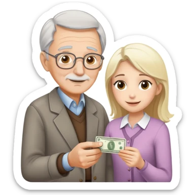 Kind elderly grandfather with gray hair giving money to a pretty blonde young woman who needs financial help, supportive family moment sticker