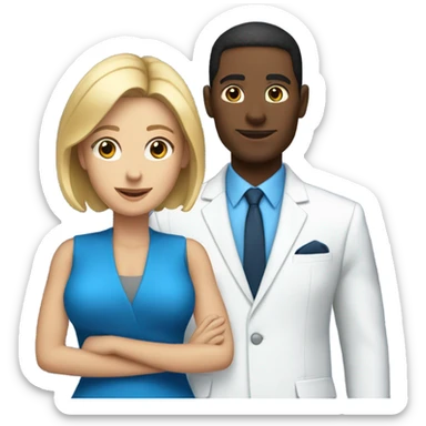Black guy in a blue suit with a white blonde lady in a blue suit sticker