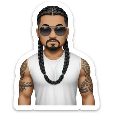 Samoan male. Chin goatee.
Unticked loose fitting white t-shirt. 
long black braided hair.
very muscular.
More tattoos. 
Tough and menacing.
Dark black sunglasses. sticker
