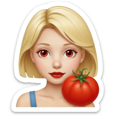 blonde girl, with a red face shaped as a tomato sticker