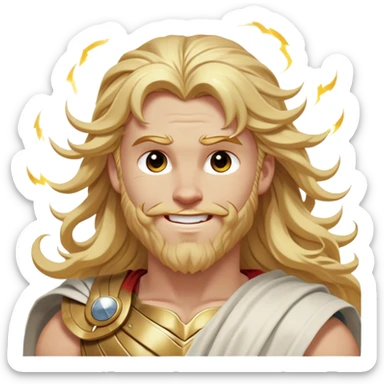 Cinematic Realistic Thor Portrait, head tilted dramatically with an exaggeratedly amused expression, featuring lively, twinkling eyes and a subtle, roguish grin. His fair, radiant skin and long, wavy golden hair, rendered with classical precision, complement his draped white toga adorned with delicate golden details and mythic lightning hints, all brought to life with dynamic lighting that captures both his divine power and playful, approachable charm. sticker