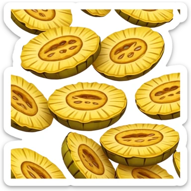 Cinematic Realistic Patacones Dish Emoji, depicted as twice-fried plantain slices with a crispy exterior rendered with detailed textures and dynamic, inviting lighting. sticker