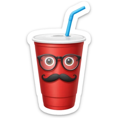 paper red cup and white straw, the cup has eyes and mouth and glassess and mustache sticker