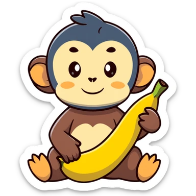 adorable baby monkey carefully peeling a banana sticker
