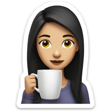 a girl with fair skin and dark hair drinks a large mug of coffee sticker
